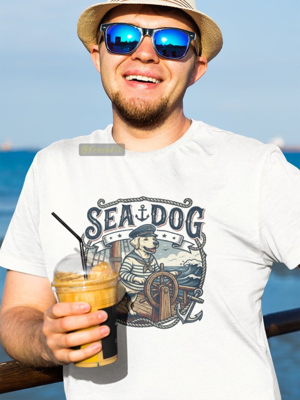🆕Sea Dog Funny Sailor Dog White T-Shirt Graphic Tee